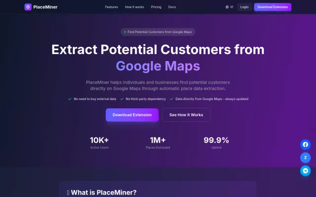 Giao diện PlaceMiner — Công cụ · Chrome Extension & SaaS
